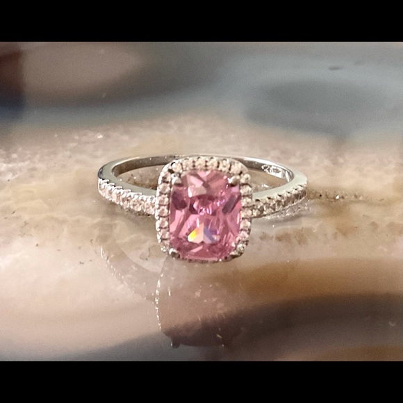 New Sterling silver pink cubic zirconia ring cz halo ring - Picture 1 of 9
